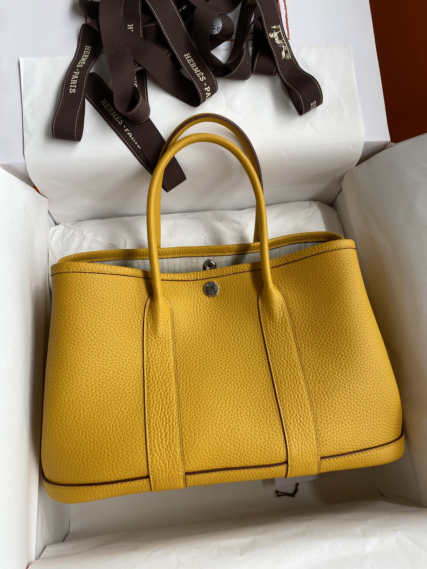 Hermes Garden Party 30cm Tote Handbag In Yellow Clemence Leather